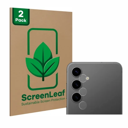 Front side of a product packaging with the brand logo ScreenLeaf. Next to it is the device Samsung Galaxy S24 Plus (ONLY Camer