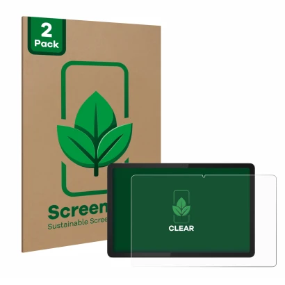 Front side of a product packaging with the brand logo ScreenLeaf. Next to it is the device Lenovo Tab M11 shown with the corre