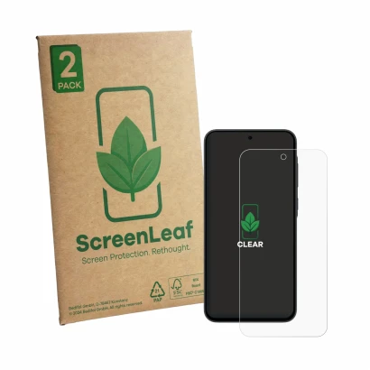 Front side of a product packaging with the brand logo ScreenLeaf. Next to it is the device Samsung Galaxy A35 5G shown with th