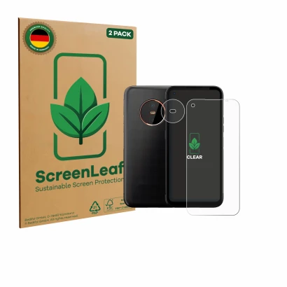 Front side of a product packaging with the brand logo ScreenLeaf. Next to it is the device Gigaset GX6 Pro (Front+Camera) show