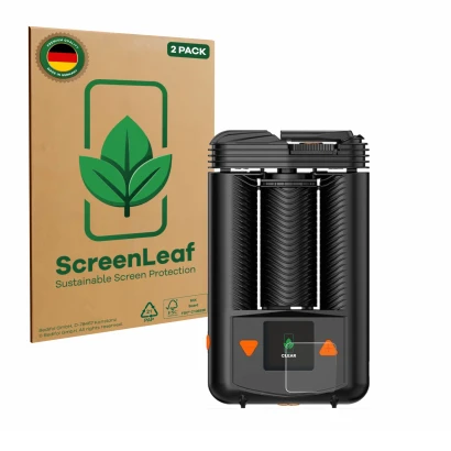 Front side of a product packaging with the brand logo ScreenLeaf. Next to it is the device Storz & Bickel Mighty + shown with 
