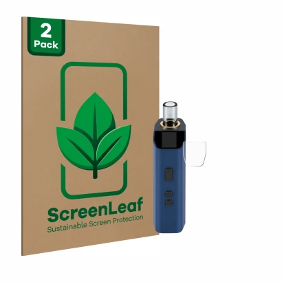 Front side of a product packaging with the brand logo ScreenLeaf. Next to it is the device Wolkenkraft Äris Ultra shown with t