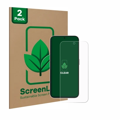 Front side of a product packaging with the brand logo ScreenLeaf. Next to it is the device Nothing Phone (2a) shown with the c