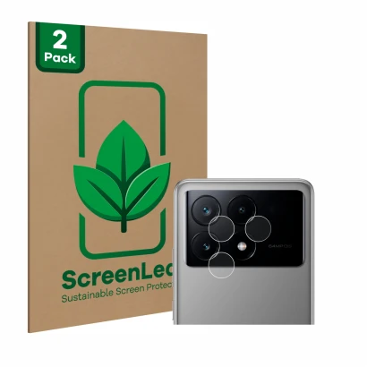 Front side of a product packaging with the brand logo ScreenLeaf. Next to it is the device Xiaomi Poco X6 Pro (ONLY Camera Len