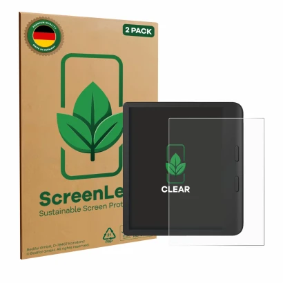 Front side of a product packaging with the brand logo ScreenLeaf. Next to it is the device Tolino Vision Color 2024 shown with