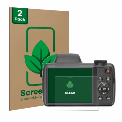 Front side of a product packaging with the brand logo ScreenLeaf. Next to it is the device Kodak Pixpro AZ528 shown with the c