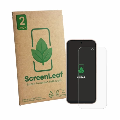 Front side of a product packaging with the brand logo ScreenLeaf. Next to it is the device Google Pixel 8a shown with the corr