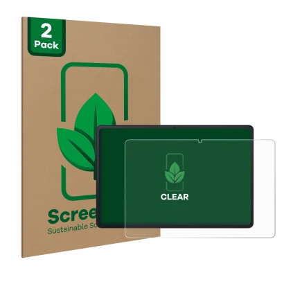 Front side of a product packaging with the brand logo ScreenLeaf. Next to it is the device Blackview Tab 90 WiFi shown with th