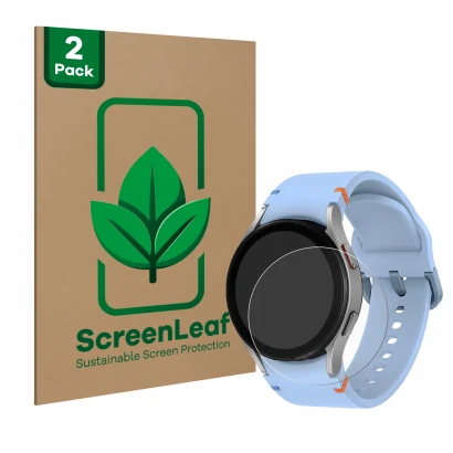 Front side of a product packaging with the brand logo ScreenLeaf. Next to it is the device Samsung Galaxy Watch FE shown with 