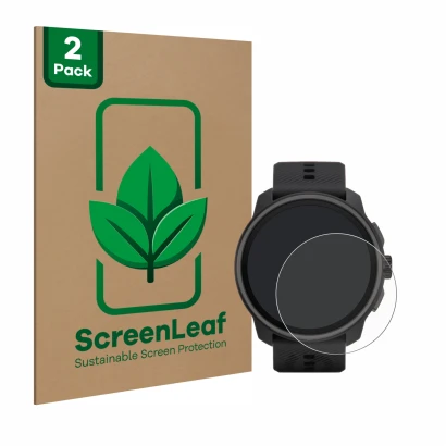 Front side of a product packaging with the brand logo ScreenLeaf. Next to it is the device Suunto Race S shown with the corres