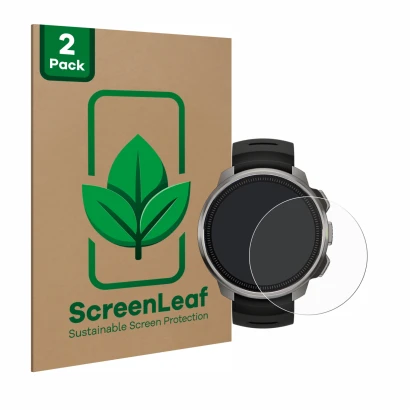 Front side of a product packaging with the brand logo ScreenLeaf. Next to it is the device Suunto Ocean shown with the corresp