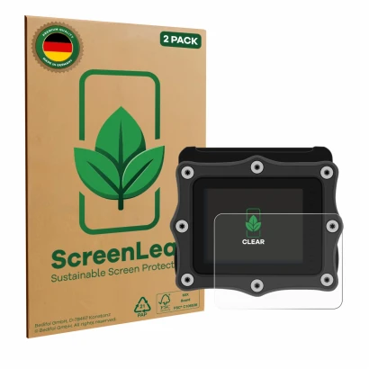 Front side of a product packaging with the brand logo ScreenLeaf. Next to it is the device Shearwater Perdix dive computer sho