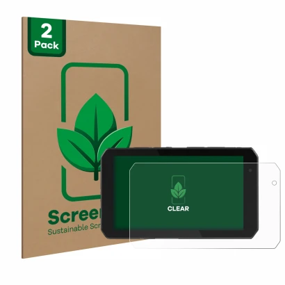 Front side of a product packaging with the brand logo ScreenLeaf. Next to it is the device Chigee AIO-5 Play shown with the co