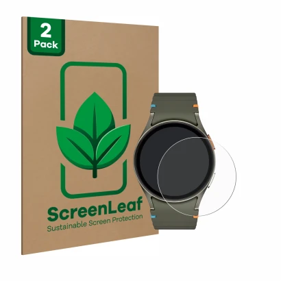 Front side of a product packaging with the brand logo ScreenLeaf. Next to it is the device Samsung Galaxy Watch 7 (40 mm) show