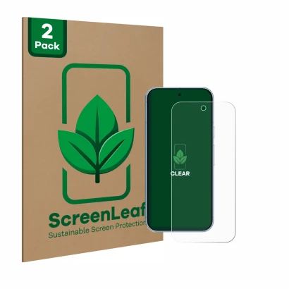 Front side of a product packaging with the brand logo ScreenLeaf. Next to it is the device Google Pixel 9 shown with the corre