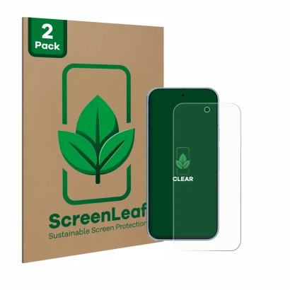 Front side of a product packaging with the brand logo ScreenLeaf. Next to it is the device Google Pixel 9 Pro shown with the c