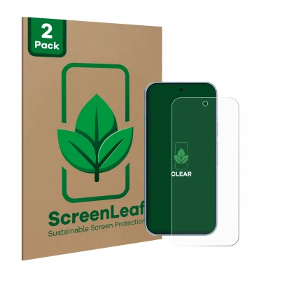 Front side of a product packaging with the brand logo ScreenLeaf. Next to it is the device Google Pixel 9 Pro XL shown with th