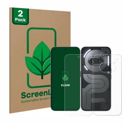 Front side of a product packaging with the brand logo ScreenLeaf. Next to it is the device Nothing Phone (2a) Plus (Front+Back