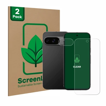 Front side of a product packaging with the brand logo ScreenLeaf. Next to it is the device Google Pixel 9 (Front+Camera) shown