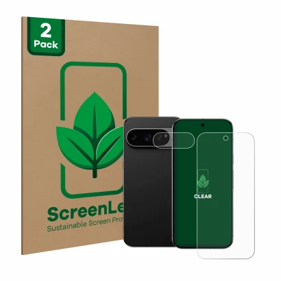 Front side of a product packaging with the brand logo ScreenLeaf. Next to it is the device Google Pixel 9 Pro (Front+Camera) s