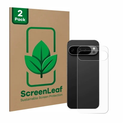 Front side of a product packaging with the brand logo ScreenLeaf. Next to it is the device Google Pixel 9 Pro XL (Back) shown 