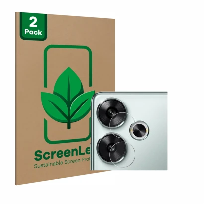 Front side of a product packaging with the brand logo ScreenLeaf. Next to it is the device Xiaomi Poco F6 (ONLY Camera Lens) s