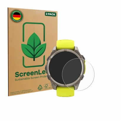 Front side of a product packaging with the brand logo ScreenLeaf. Next to it is the device Garmin Fenix 8 Solar (47 mm) shown 
