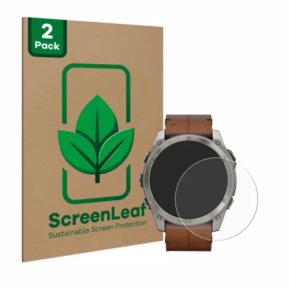 Front side of a product packaging with the brand logo ScreenLeaf. Next to it is the device Garmin Fenix 8 AMOLED (51 mm) shown