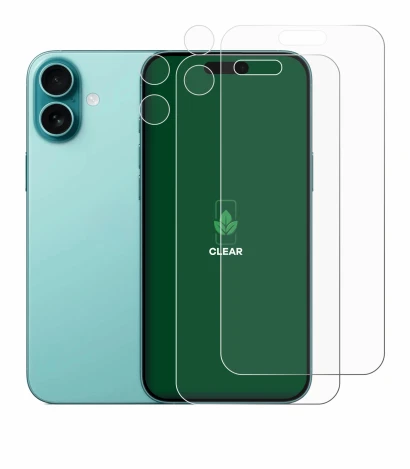 Image of the device Apple iPhone 16 Plus (Front+Camera) with a wide variety of screen protectors.