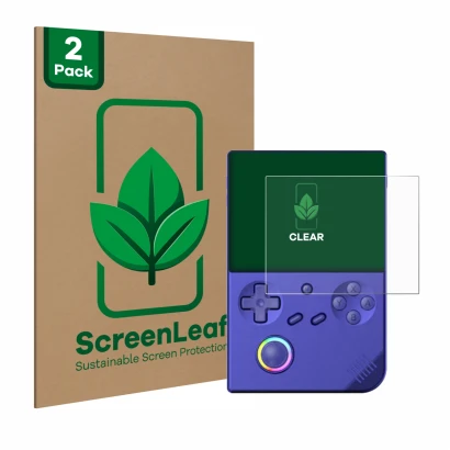 Front side of a product packaging with the brand logo ScreenLeaf. Next to it is the device Anbernic RG40XXV shown with the cor