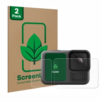 Front side of a product packaging with the brand logo ScreenLeaf. Next to it is the device GoPro Hero 13 Black shown with the 