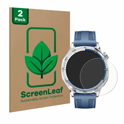 Front side of a product packaging with the brand logo ScreenLeaf. Next to it is the device Huawei Watch GT 5 (46 mm) shown wit