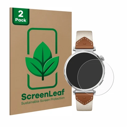 Front side of a product packaging with the brand logo ScreenLeaf. Next to it is the device Huawei Watch GT 5 (41 mm) shown wit