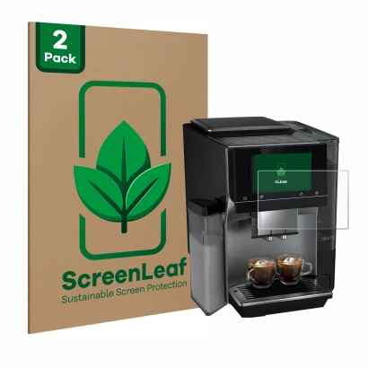 Front side of a product packaging with the brand logo ScreenLeaf. Next to it is the device Siemens EQ700 shown with the corres