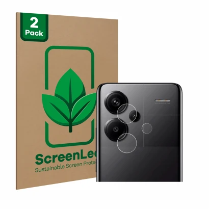 Front side of a product packaging with the brand logo ScreenLeaf. Next to it is the device Xiaomi Redmi Note 13 Pro+ 5G (ONLY 