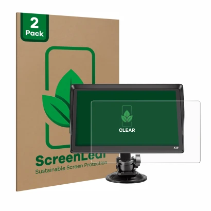 Front side of a product packaging with the brand logo ScreenLeaf. Next to it is the device Xgody X10 9" shown with the corresp