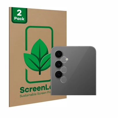 Front side of a product packaging with the brand logo ScreenLeaf. Next to it is the device Samsung Galaxy S24 FE (ONLY Camera 