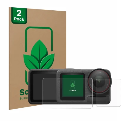 Front side of a product packaging with the brand logo ScreenLeaf. Next to it is the device DJI Osmo Action 5 Pro (case-friendl
