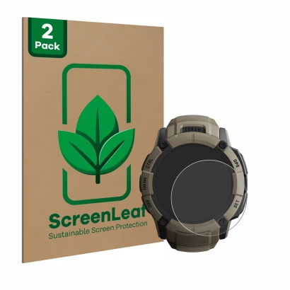 Front side of a product packaging with the brand logo ScreenLeaf. Next to it is the device Garmin Instinct 2X Solar Tactical E