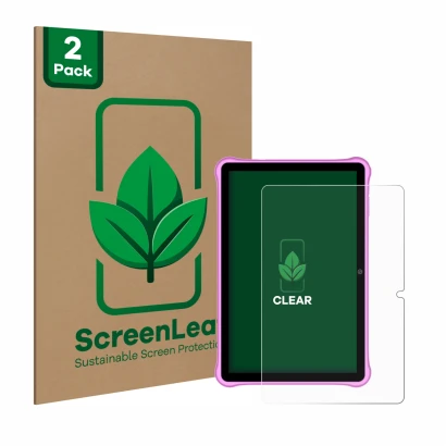 Front side of a product packaging with the brand logo ScreenLeaf. Next to it is the device Blackview Tab A7 Kids shown with th