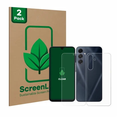 Front side of a product packaging with the brand logo ScreenLeaf. Next to it is the device Samsung Galaxy A16 5G (Front+Back) 