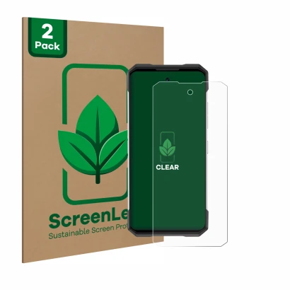 Front side of a product packaging with the brand logo ScreenLeaf. Next to it is the device Doogee S200 shown with the correspo
