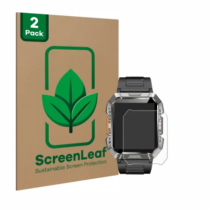 Front side of a product packaging with the brand logo ScreenLeaf. Next to it is the device Baolubao W60 shown with the corresp