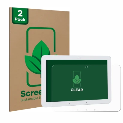 Front side of a product packaging with the brand logo ScreenLeaf. Next to it is the device Amazon Echo Hub 8" shown with the c