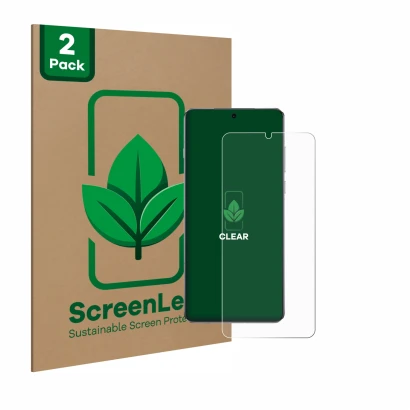 Front side of a product packaging with the brand logo ScreenLeaf. Next to it is the device OnePlus 13 shown with the correspon