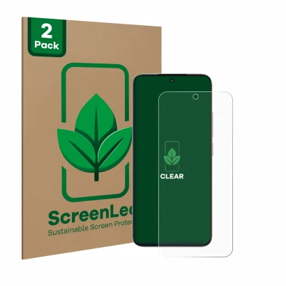 Front side of a product packaging with the brand logo ScreenLeaf. Next to it is the device Xiaomi 15 shown with the correspond