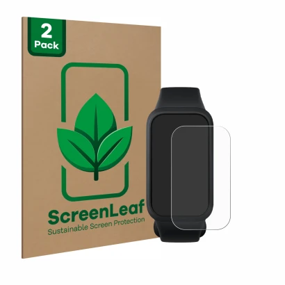 Front side of a product packaging with the brand logo ScreenLeaf. Next to it is the device Xiaomi Smart Band 9 Active shown wi