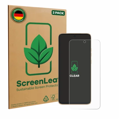 Front side of a product packaging with the brand logo ScreenLeaf. Next to it is the device Motorola Edge 50 Neo shown with the