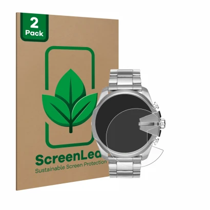 Front side of a product packaging with the brand logo ScreenLeaf. Next to it is the device Diesel Mega Chief DZ4417 shown with