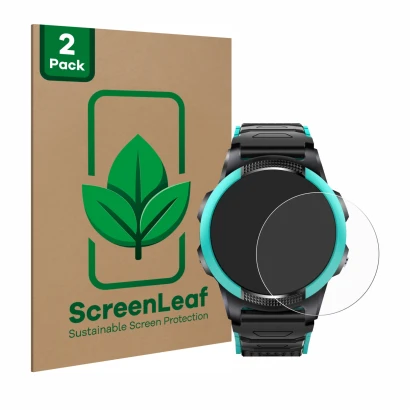 Front side of a product packaging with the brand logo ScreenLeaf. Next to it is the device SaveFamily Slim 4G shown with the c